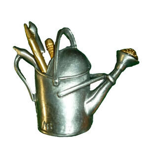 Vintage M Bastin Brooch Pin Pewter Silver Gold Tone Water Can Paint Brush Spring